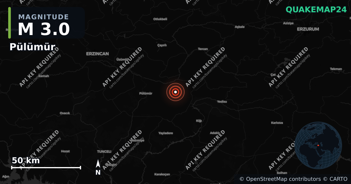 M3.0 earthquake near Pülümür on Aug 29, 2026 — map of epicenter and shaking intensity | QuakeMap24