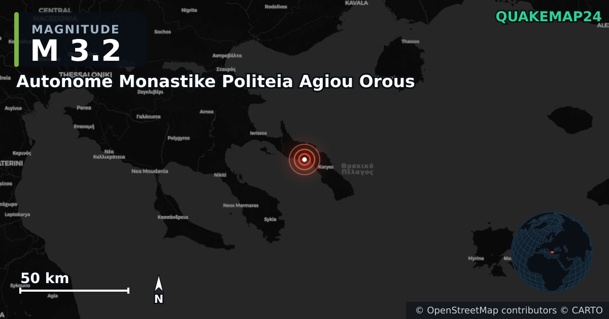 M3.2 earthquake near Autonome Monastike Politeia Agiou Orous on Dec 23, 2025 — map of epicenter and shaking intensity | QuakeMap24