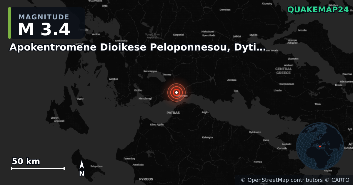 M3.4 earthquake near Apokentromene Dioikese Peloponnesou, Dytikes Elladas kai Ioniou on Jun 26, 2025 — map of epicenter and shaking intensity | QuakeMap24
