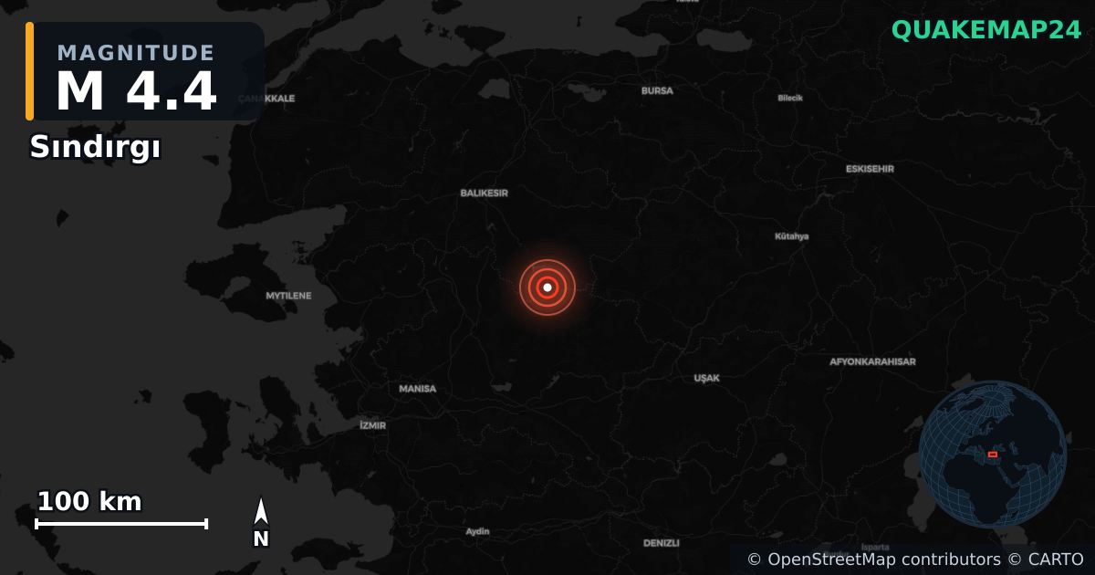 M4.4 earthquake near Sındırgı on Nov 15, 2025 — map of epicenter and shaking intensity | QuakeMap24