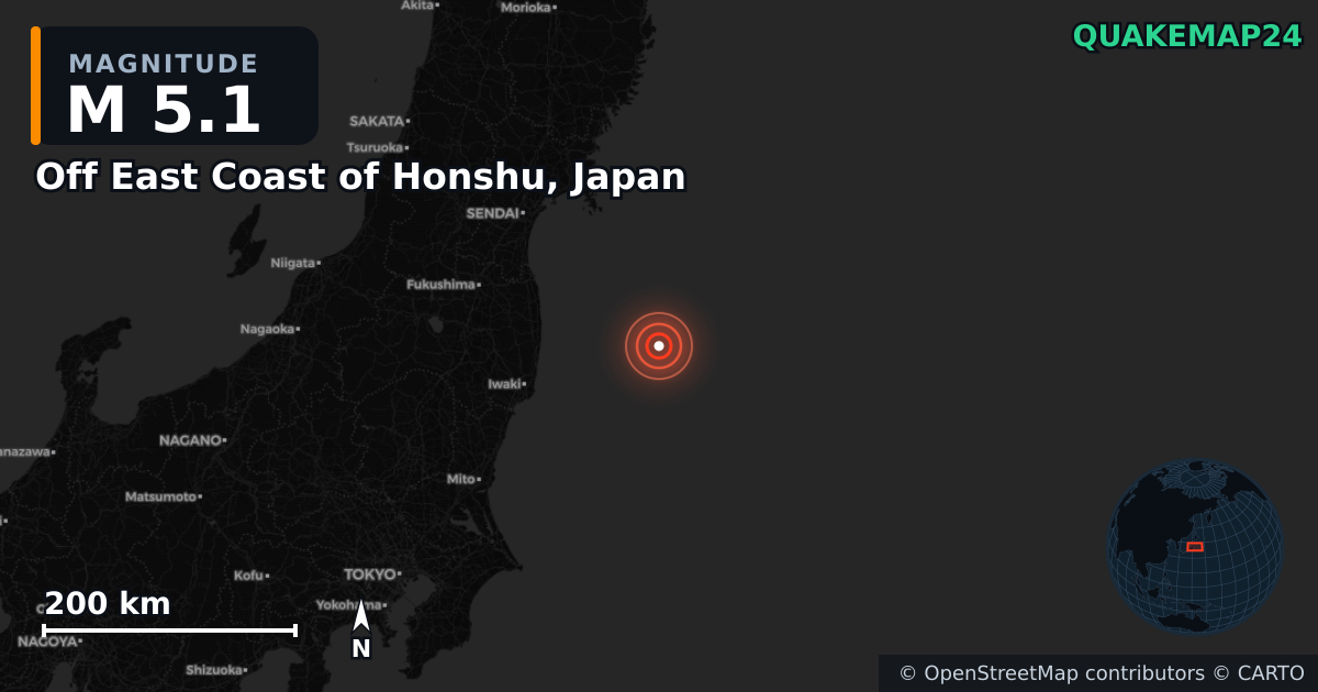 M5.1 earthquake near Off East Coast of Honshu, Japan on Feb 18, 2026 — map of epicenter and shaking intensity | QuakeMap24