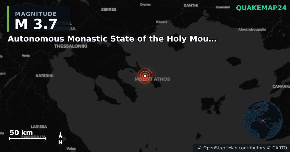 M3.7 earthquake near Autonomous Monastic State of the Holy Mountain on Jul 28, 2026 — map of epicenter and shaking intensity | QuakeMap24