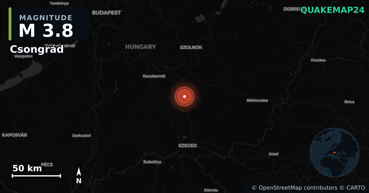 M3.8 earthquake near Csongrád on Jul 5, 2025 — map of epicenter and shaking intensity | QuakeMap24