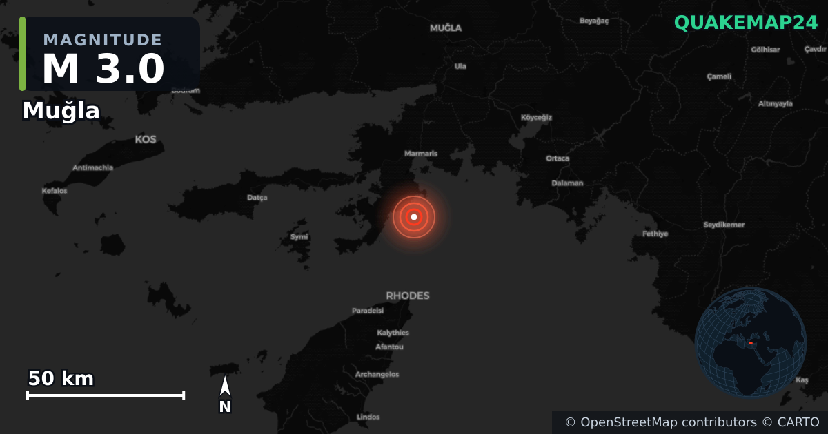 M3.0 earthquake near Muğla on Aug 1, 2026 — map of epicenter and shaking intensity | QuakeMap24