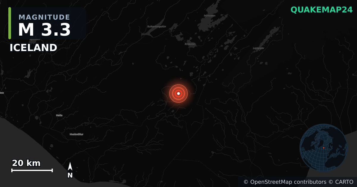 M3.3 earthquake near ICELAND on Dec 20, 2025 — map of epicenter and shaking intensity | QuakeMap24