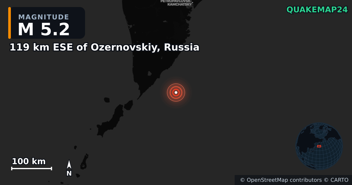 M5.2 earthquake near 119 km ESE of Ozernovskiy, Russia on Oct 13, 2025 — map of epicenter and shaking intensity | QuakeMap24