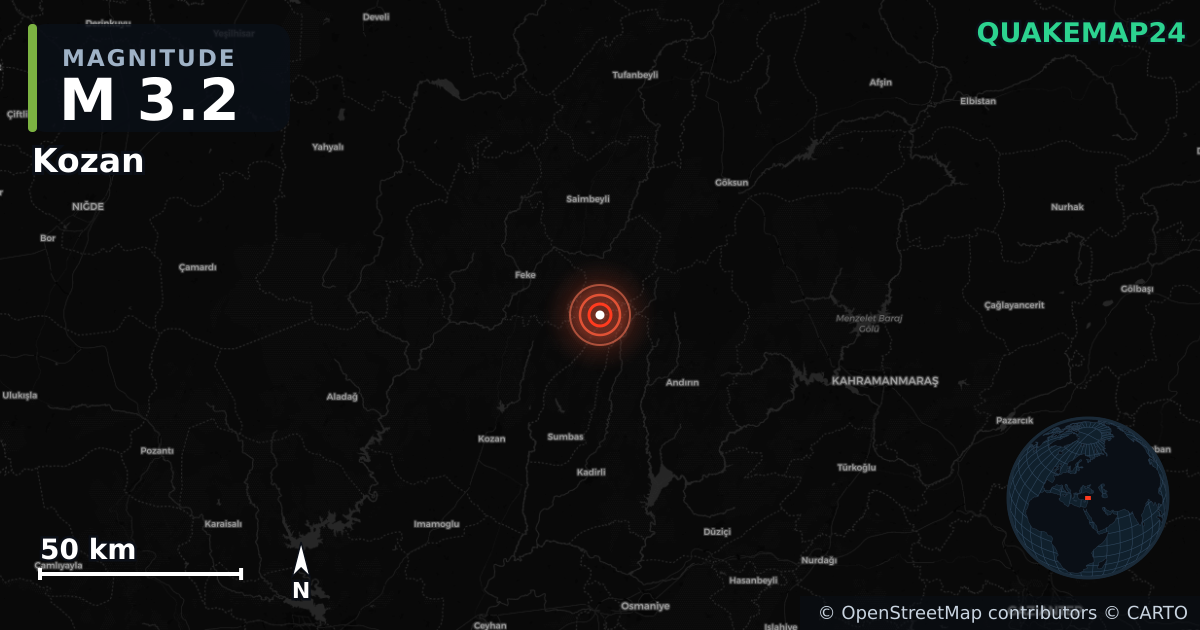 M3.2 earthquake near Kozan on Jul 4, 2026 — map of epicenter and shaking intensity | QuakeMap24