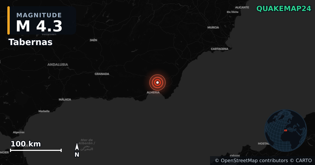 M4.3 earthquake near Tabernas on Feb 15, 2026 — map of epicenter and shaking intensity | QuakeMap24