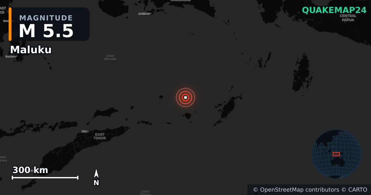 M5.5 earthquake near Maluku on Jan 21, 2026 — map of epicenter and shaking intensity | QuakeMap24