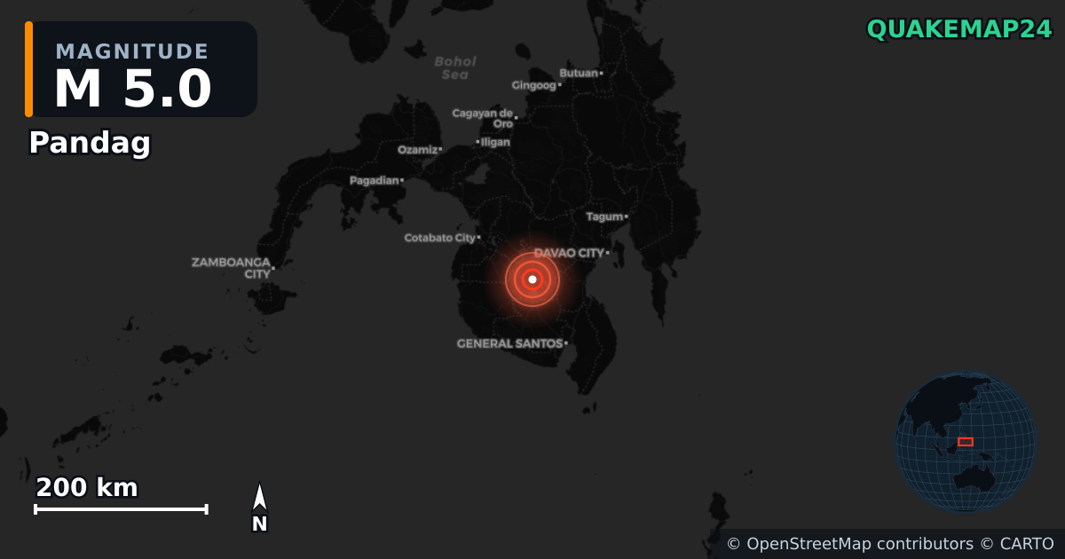 M5.0 earthquake near Pandag on May 16, 2026 — map of epicenter and shaking intensity | QuakeMap24