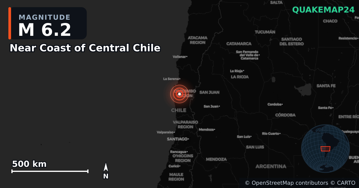 M6.2 earthquake near Near Coast of Central Chile on Feb 12, 2026 — map of epicenter and shaking intensity | QuakeMap24
