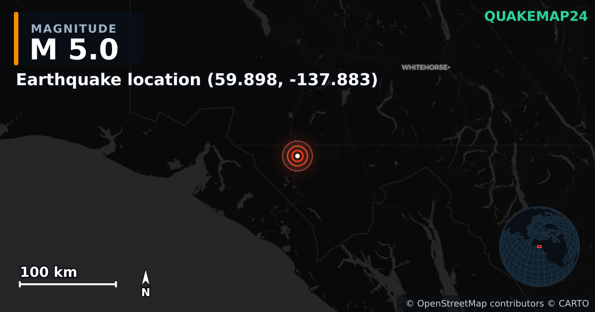 M5.0 earthquake near Deprem konumu (59.898, -137.883) on Dec 7, 2025 — map of epicenter and shaking intensity | QuakeMap24