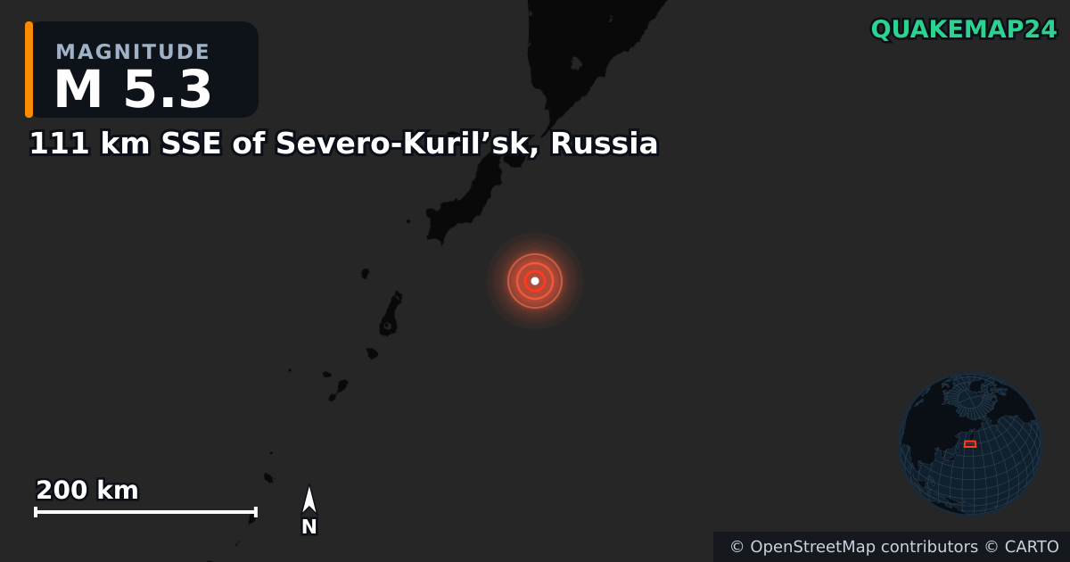 M5.3 earthquake near 111 km SSE of Severo-Kuril’sk, Russia on Jul 31, 2025 — map of epicenter and shaking intensity | QuakeMap24