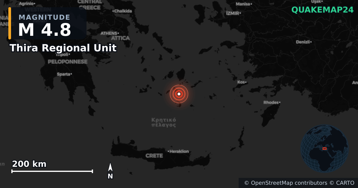 M4.8 earthquake near Thira Regional Unit on Feb 4, 2025 — map of epicenter and shaking intensity | QuakeMap24