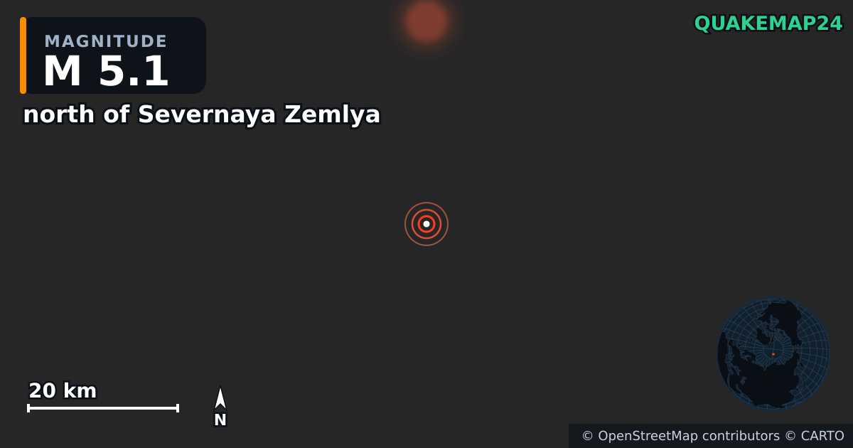 north of Severnaya Zemlya yakınında M5,1 deprem — Deprem merkez üssünün konumunu gösteren harita