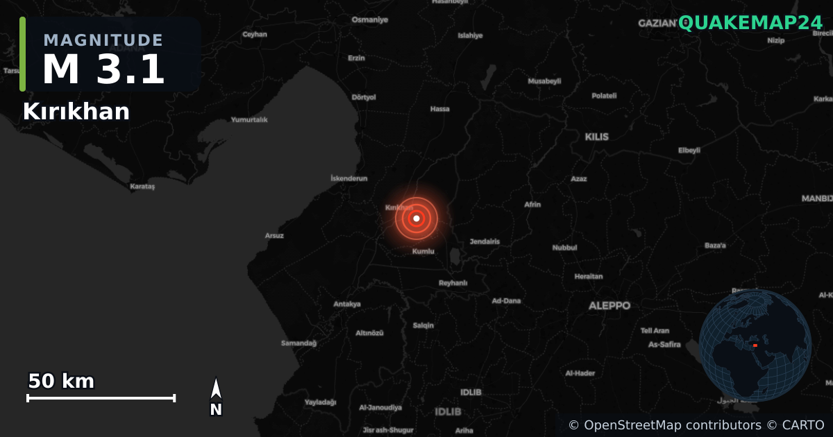 M3.1 earthquake near Kırıkhan on Oct 11, 2025 — map of epicenter and shaking intensity | QuakeMap24