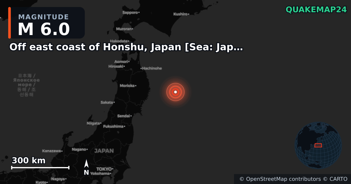 M6.0 earthquake near Off east coast of Honshu, Japan [Sea: Japan] on Nov 8, 2025 — map of epicenter and shaking intensity | QuakeMap24