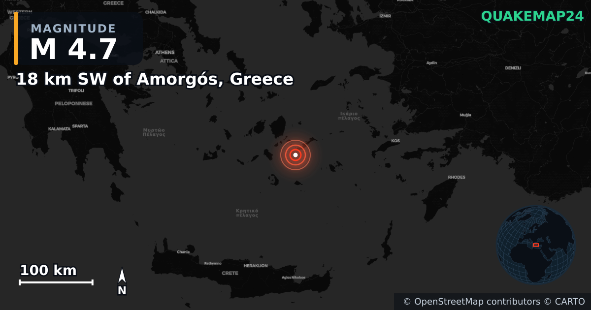 M4.7 earthquake near 18 km SW of Amorgós, Greece on Feb 10, 2025 — map of epicenter and shaking intensity | QuakeMap24