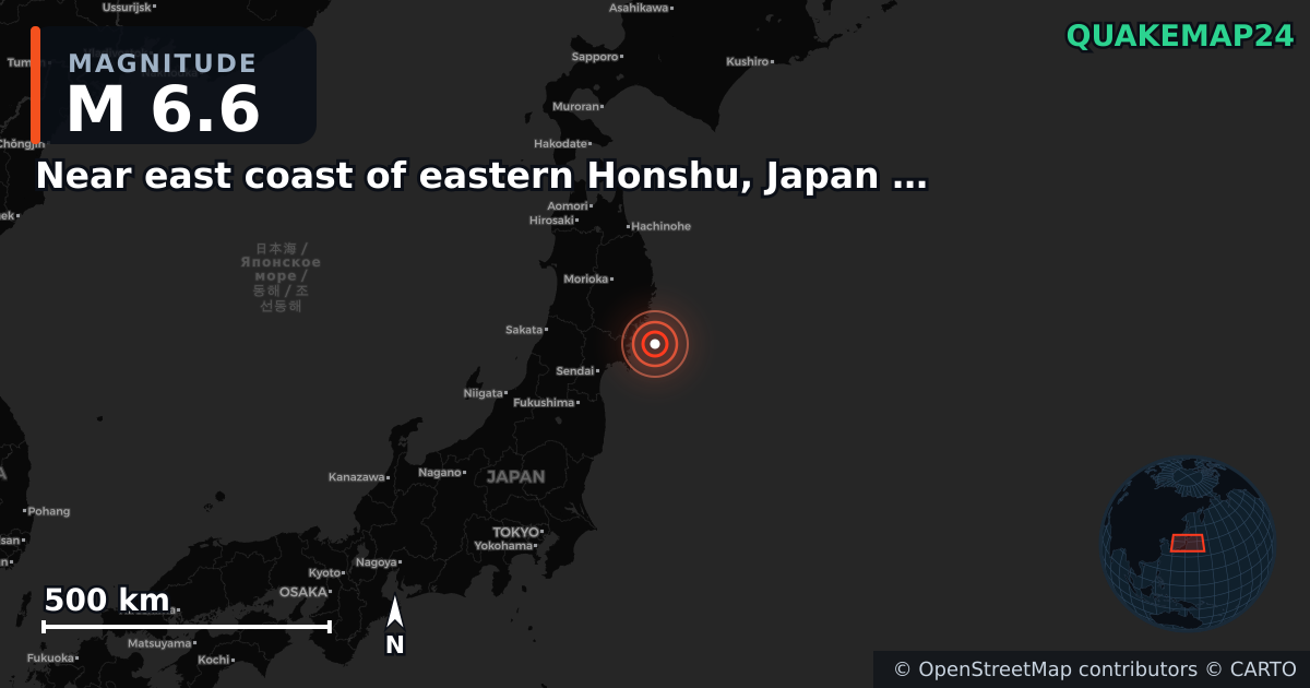M6.6 earthquake near Near east coast of eastern Honshu, Japan [Sea: Japan] on May 15, 2026 — map of epicenter and shaking intensity | QuakeMap24