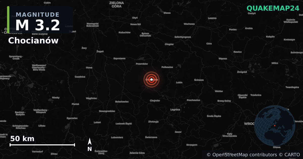 M3.2 earthquake near Chocianów on Feb 8, 2025 — map of epicenter and shaking intensity | QuakeMap24