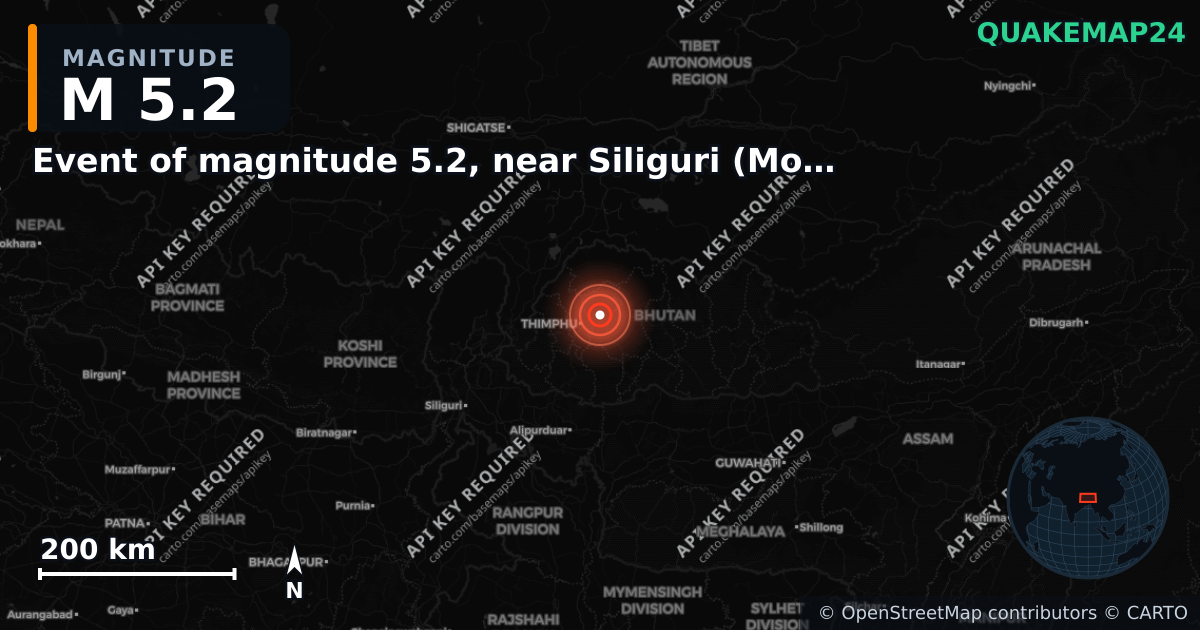 M5.2 earthquake near Event of magnitude 5.2, near Siliguri (Monde) on Jun 7, 2026 — map of epicenter and shaking intensity | QuakeMap24