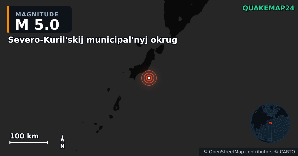 M5.0 earthquake near Severo-Kuril'skij municipal'nyj okrug on Sep 7, 2025 — map of epicenter and shaking intensity | QuakeMap24