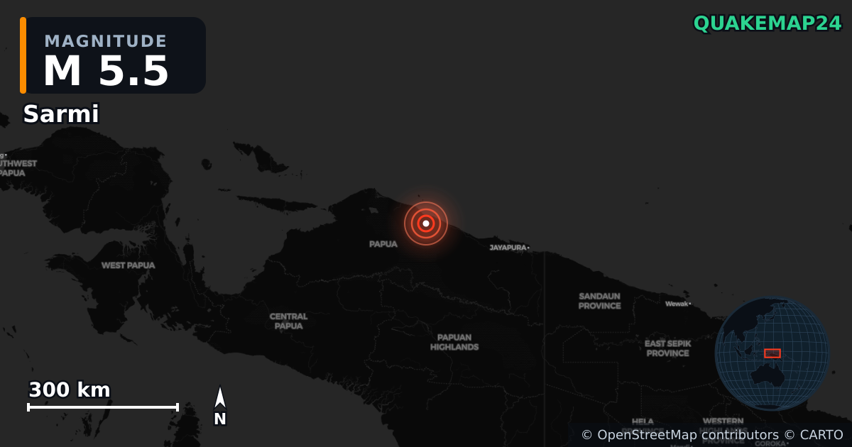 M5.5 earthquake near Sarmi on Feb 24, 2026 — map of epicenter and shaking intensity | QuakeMap24