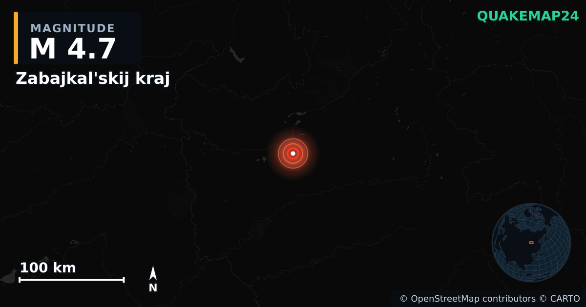 M4.7 earthquake near Zabajkal'skij kraj on May 18, 2025 — map of epicenter and shaking intensity | QuakeMap24