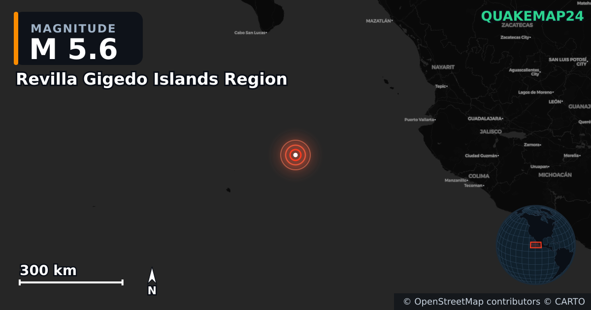 Sismo de M5,6 perto de Revilla Gigedo Islands Region · 2025-05-28 — Mapa da localização do epicentro