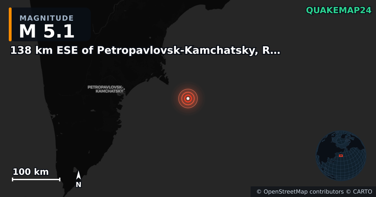 M5.1 earthquake near 138 km ESE of Petropavlovsk-Kamchatsky, Russia on Jul 28, 2025 — map of epicenter and shaking intensity | QuakeMap24