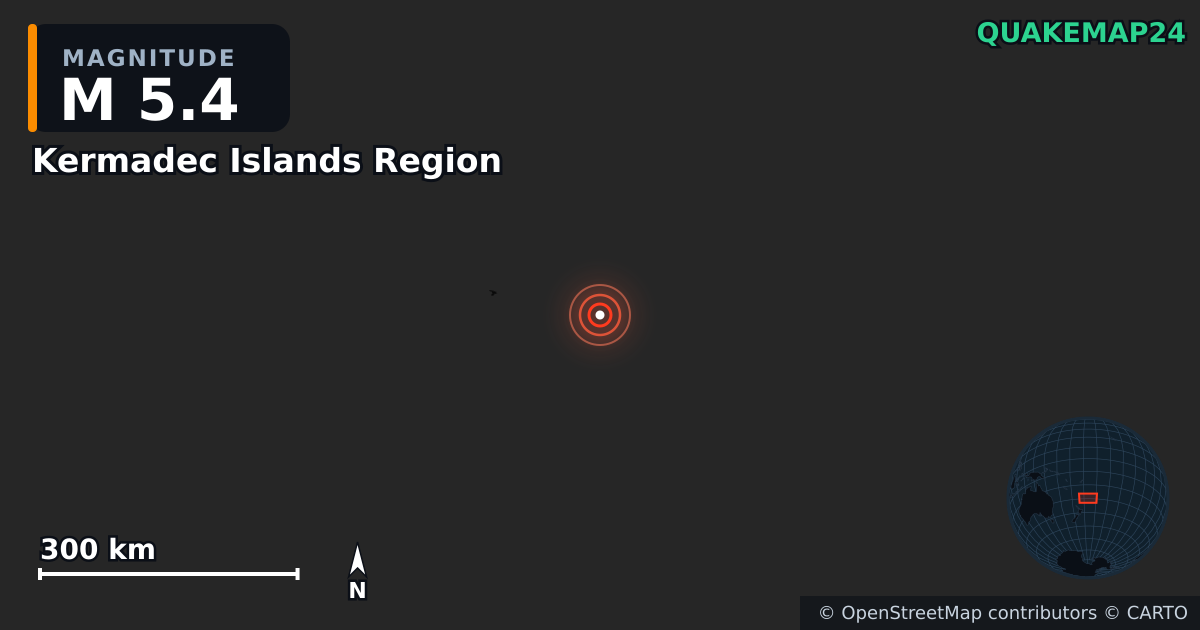 M5.4 earthquake near Kermadec Islands Region on Jan 30, 2026 — map of epicenter and shaking intensity | QuakeMap24