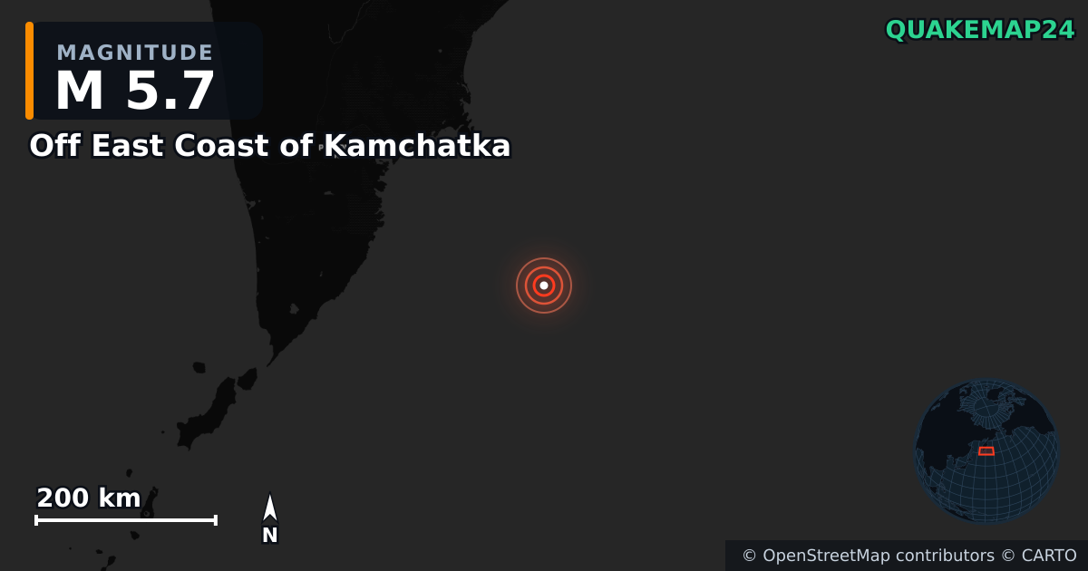 M5.7 earthquake near Off East Coast of Kamchatka on Dec 15, 2025 — map of epicenter and shaking intensity | QuakeMap24