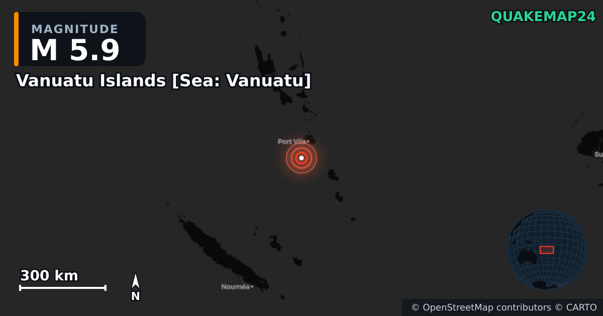 M5.9 earthquake near Vanuatu Islands [Sea: Vanuatu] on May 19, 2026 — map of epicenter and shaking intensity | QuakeMap24