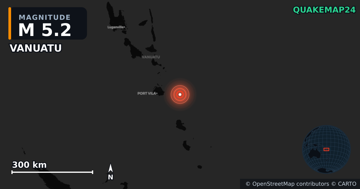 M5.2 earthquake near VANUATU on May 16, 2026 — map of epicenter and shaking intensity | QuakeMap24