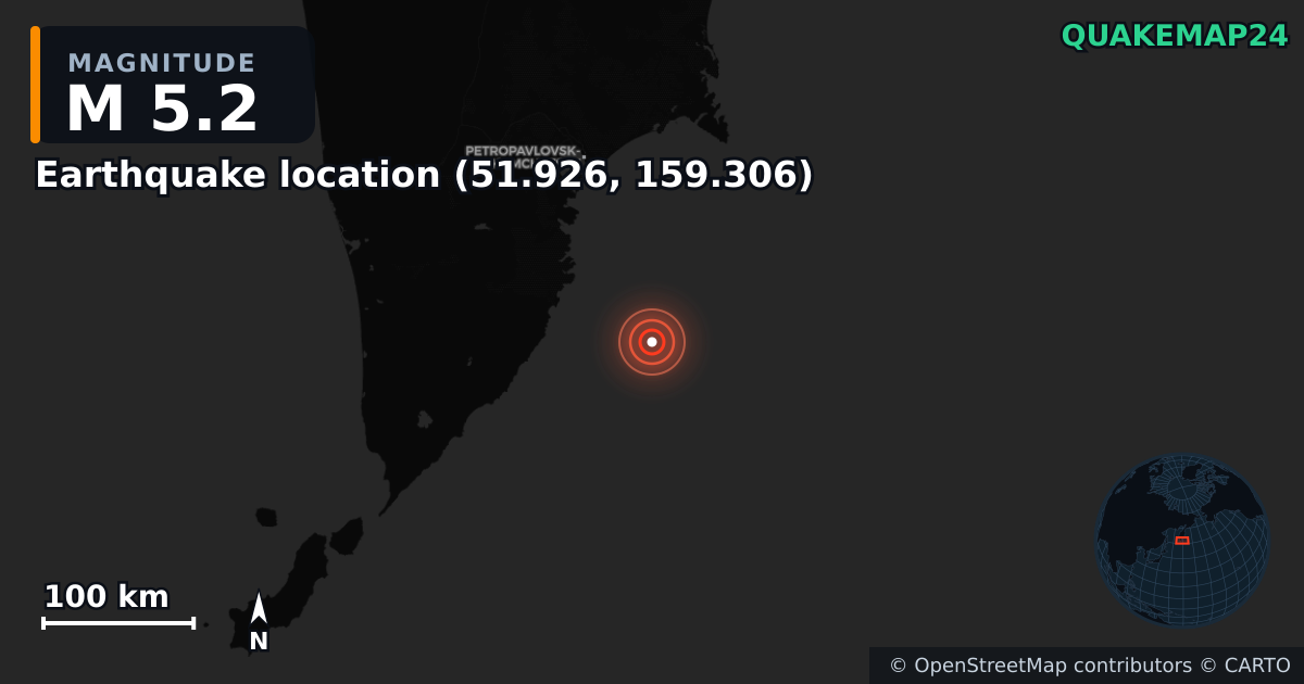 M5.2 earthquake near Τοποθεσία σεισμού (51.926, 159.306) on Aug 1, 2025 — map of epicenter and shaking intensity | QuakeMap24