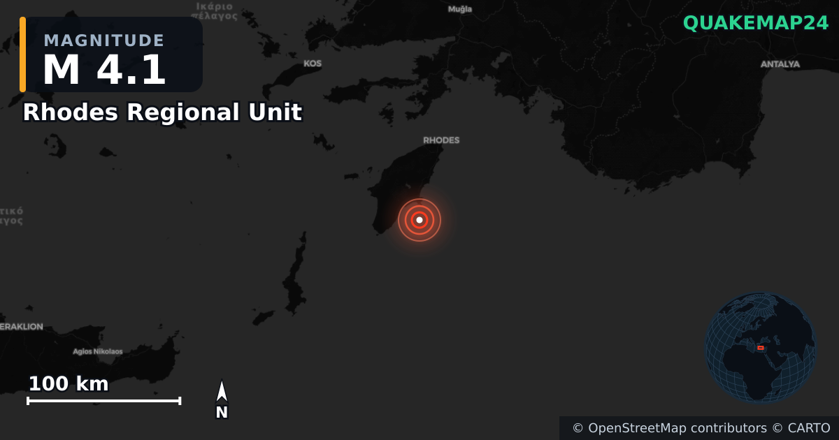 M4.1 earthquake near Rhodes Regional Unit on Aug 7, 2026 — map of epicenter and shaking intensity | QuakeMap24