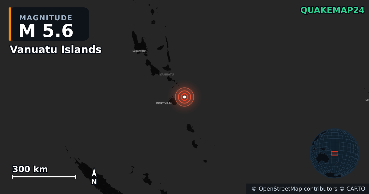 M5.6 earthquake near Vanuatu Islands on Aug 22, 2025 — map of epicenter and shaking intensity | QuakeMap24
