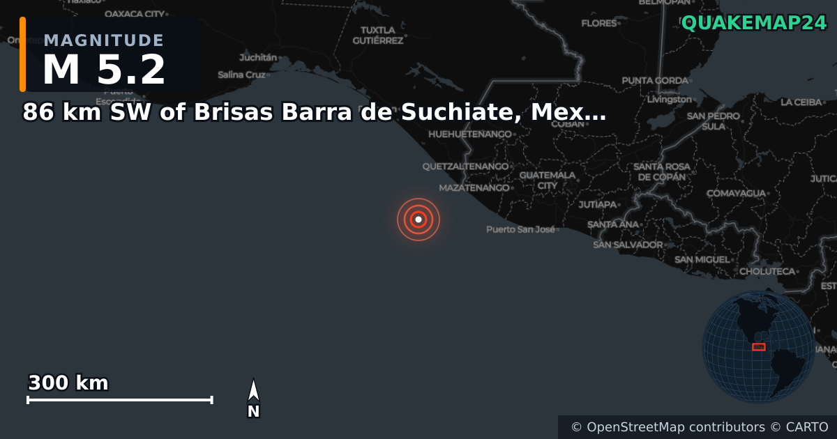 Σεισμός M5,2 κοντά στο 86 km SW of Brisas Barra de Suchiate, Mexico · 2026-10-17 — Χάρτης της θέσης του επικέντρου