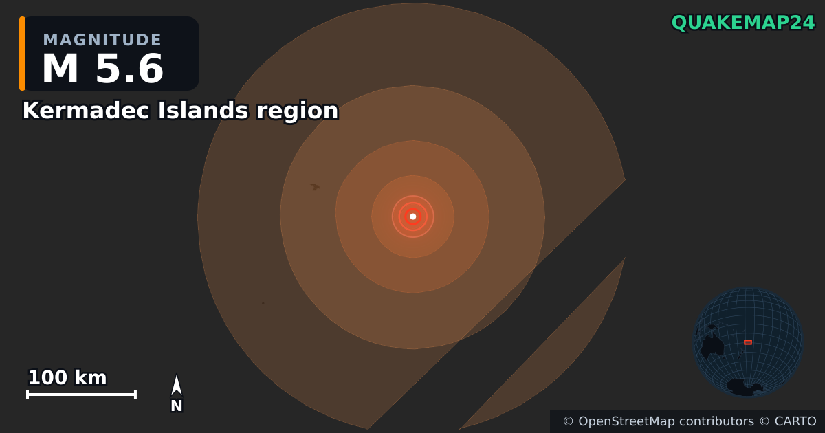 M5.6 earthquake near Kermadec Islands region on Jul 21, 2026 — map of epicenter and shaking intensity | QuakeMap24