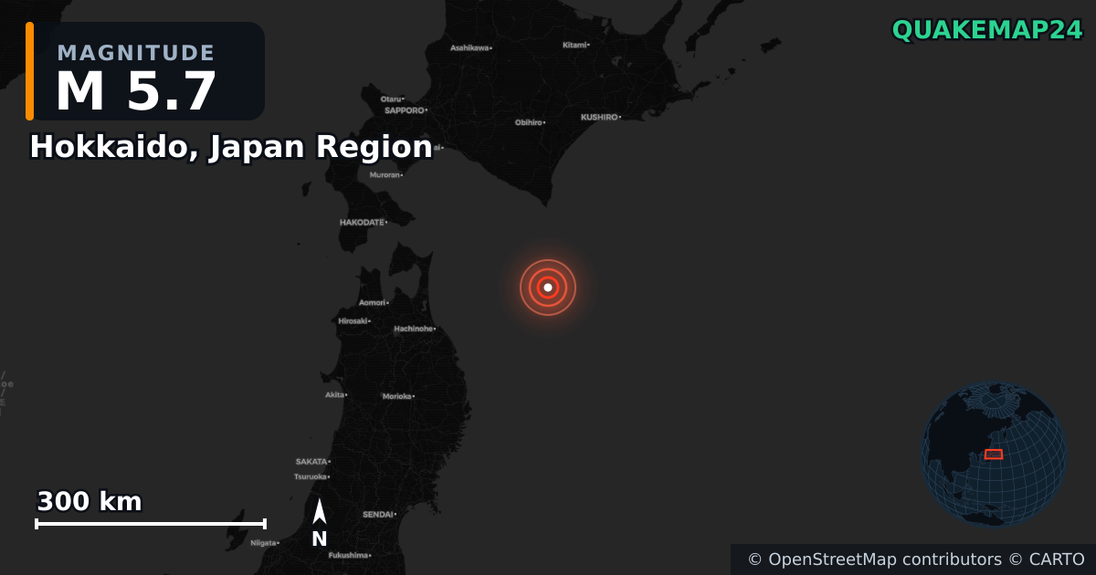 M5.7 earthquake near Hokkaido, Japan Region on Dec 25, 2025 — map of epicenter and shaking intensity | QuakeMap24