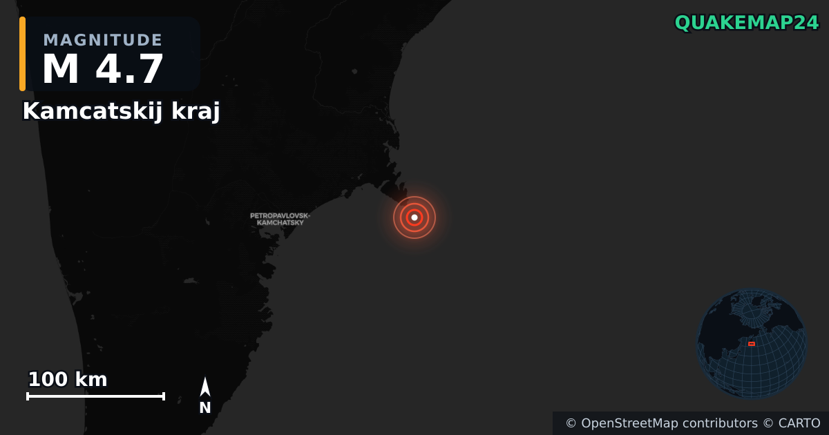 M4.7 earthquake near Kamcatskij kraj on Sep 29, 2025 — map of epicenter and shaking intensity | QuakeMap24