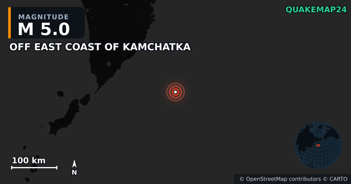 M5.0 earthquake near OFF EAST COAST OF KAMCHATKA on Jul 31, 2025 — map of epicenter and shaking intensity | QuakeMap24