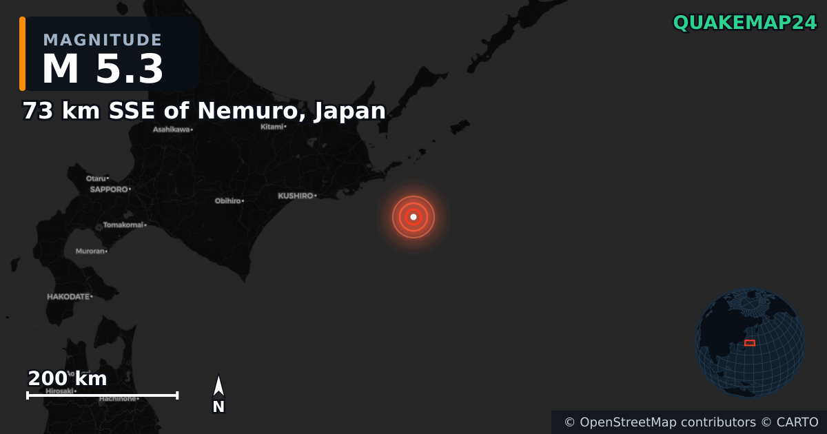M5.3 earthquake near 73 km SSE of Nemuro, Japan on Dec 20, 2025 — map of epicenter and shaking intensity | QuakeMap24