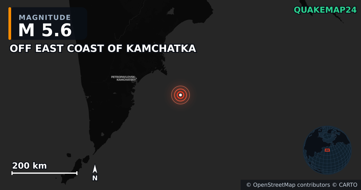 M5.6 earthquake near OFF EAST COAST OF KAMCHATKA on Aug 3, 2025 — map of epicenter and shaking intensity | QuakeMap24