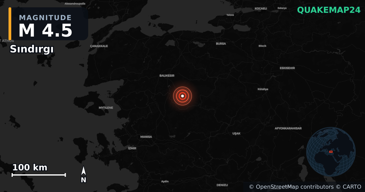 M4.5 earthquake near Sındırgı on Nov 10, 2025 — map of epicenter and shaking intensity | QuakeMap24