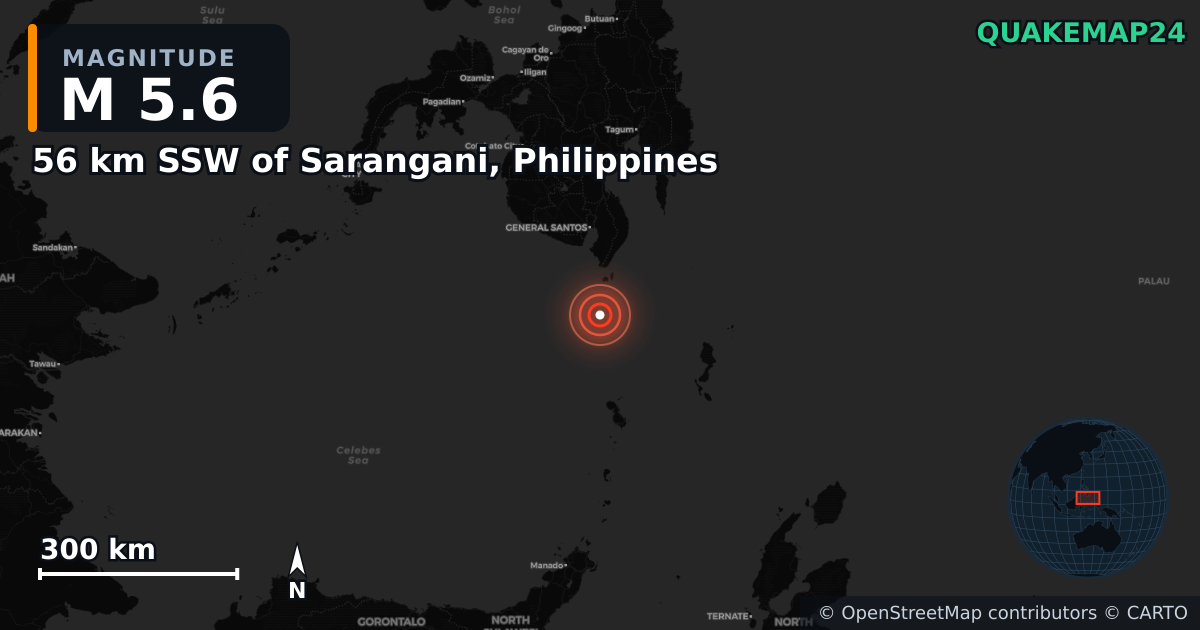 M5.6 earthquake near 56 km SSW of Sarangani, Philippines on Jun 8, 2026 — map of epicenter and shaking intensity | QuakeMap24