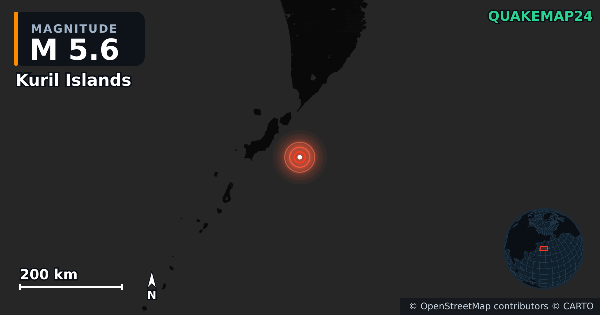 M5.6 earthquake near Kuril Islands on Jul 30, 2025 — map of epicenter and shaking intensity | QuakeMap24