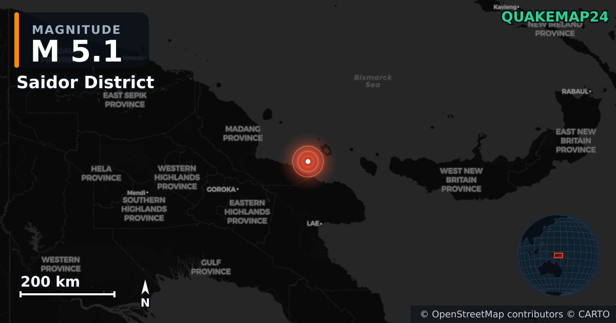 M5.1 earthquake near Saidor District on Aug 16, 2026 — map of epicenter and shaking intensity | QuakeMap24
