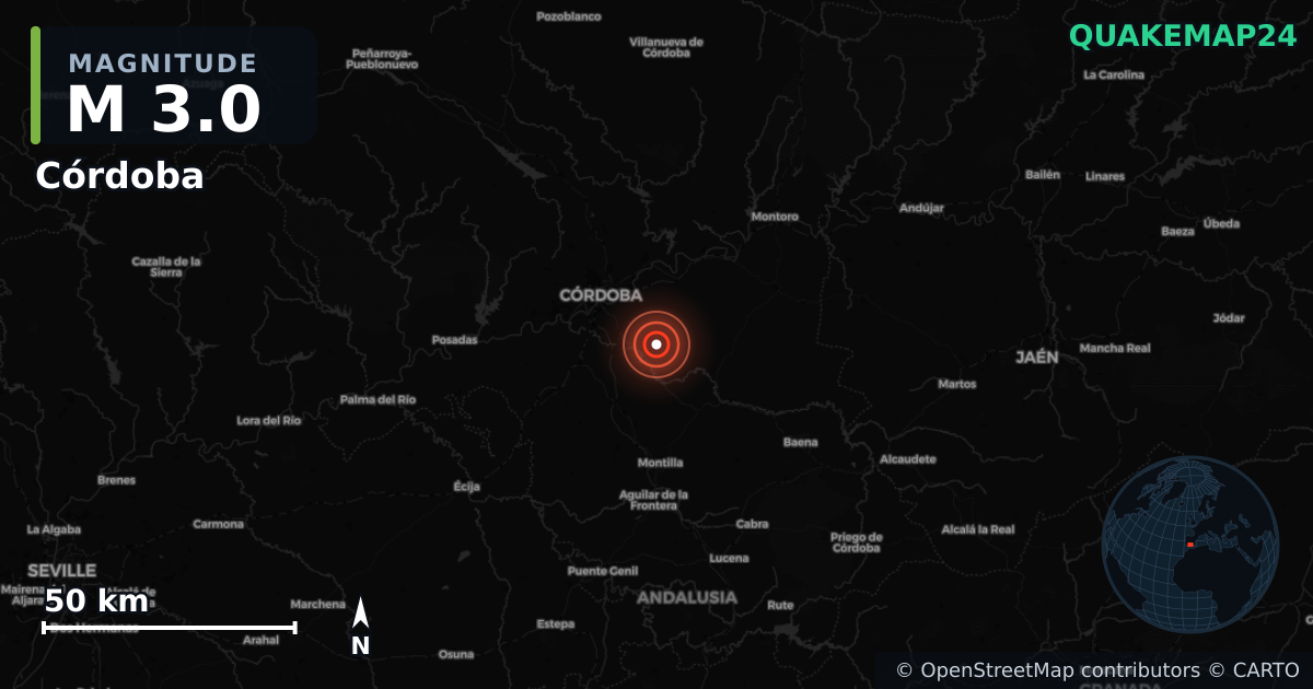 M3.0 earthquake near Córdoba on May 6, 2026 — map of epicenter and shaking intensity | QuakeMap24