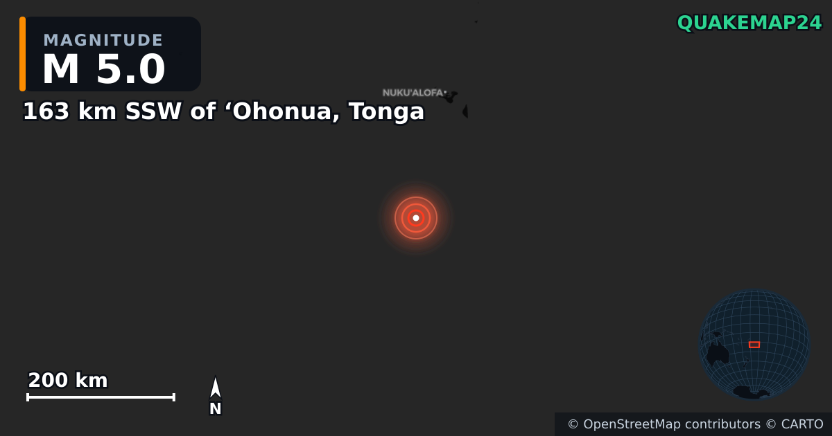 M5.0 earthquake near 163 km SSW of ‘Ohonua, Tonga on Feb 11, 2025 — map of epicenter and shaking intensity | QuakeMap24